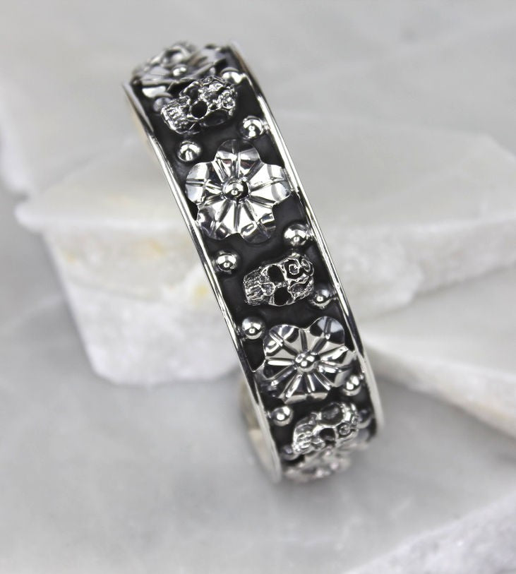 MEXICAN HANDMADE SILVER CUFF WITH SKULLS & FLOWERS