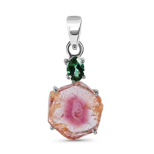 WATERMELON TOURMALINE SLICE SET WITH GREEN FACETED TOURMALINE, SILVER NECKLACE