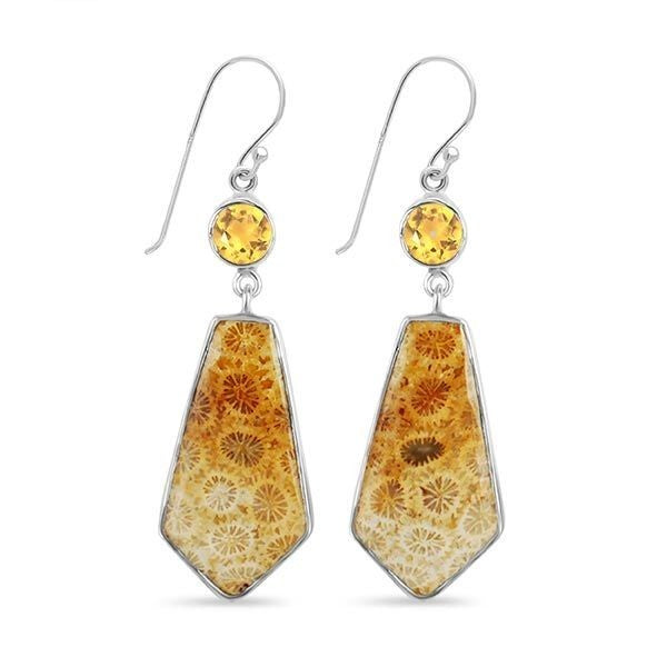 FOSSILIZED CORAL & CITRINE SILVER EARRINGS