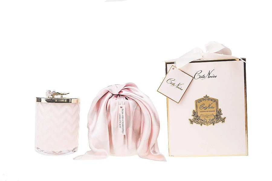 COTE NOIRE HERRINGBONE CANDLE WITH SCARF PINK - ROSE LID - CHARENTE ROSE