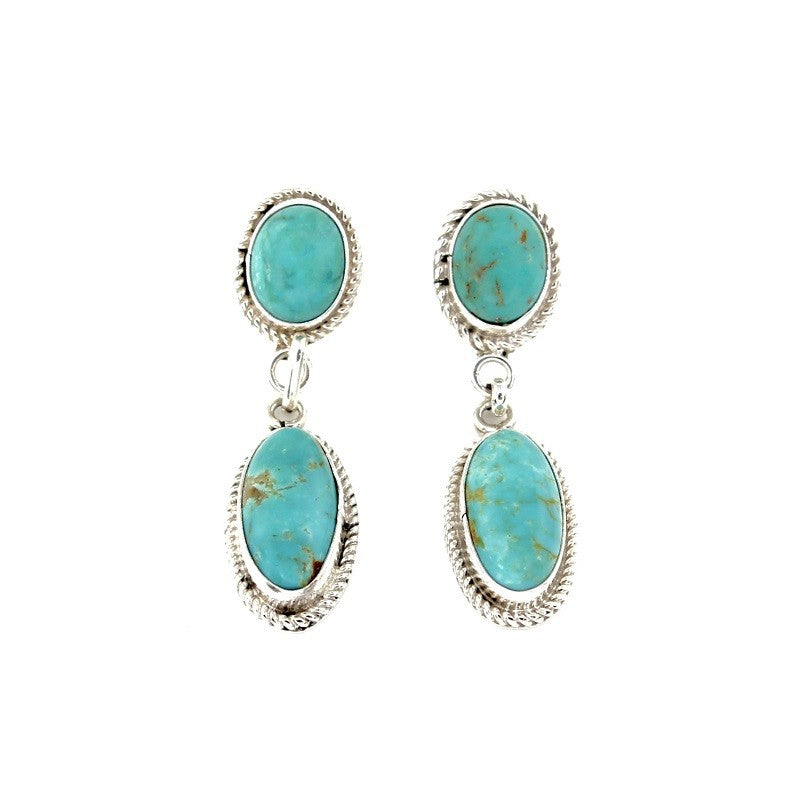 ROYSTON TURQUOISE DOUBLE DROP SILVER NATIVE AMERICAN HANDMADE STUD EARRINGS
