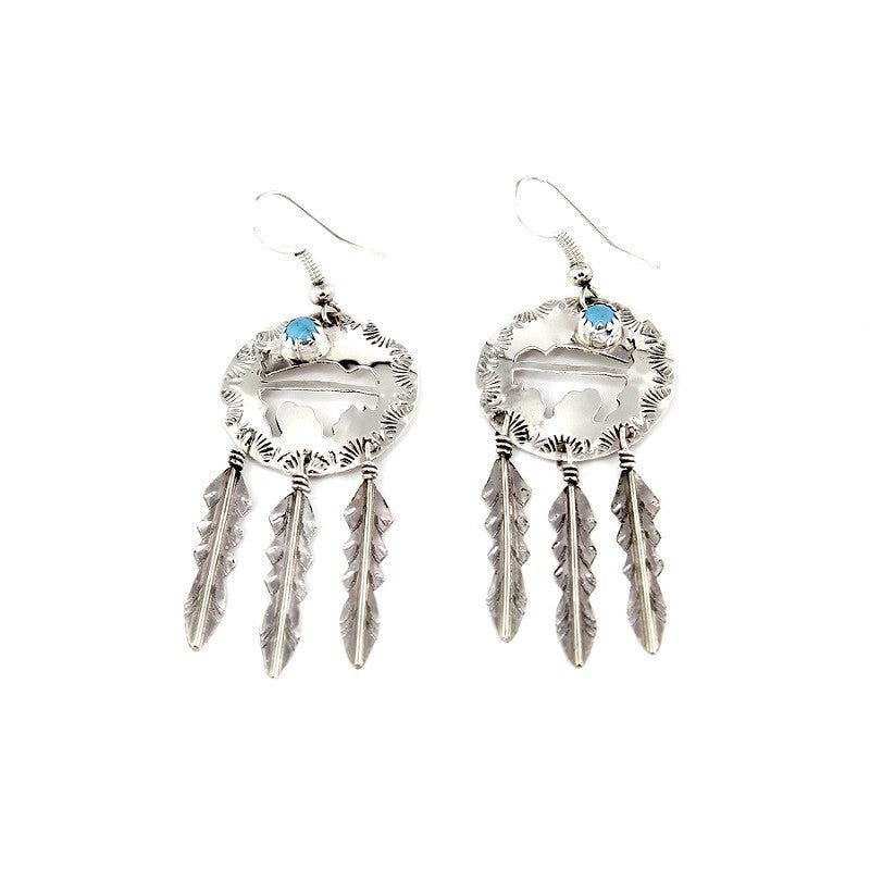 SILVER & TURQUOISE DREAM CATCHER BISON EARRING DROPS
